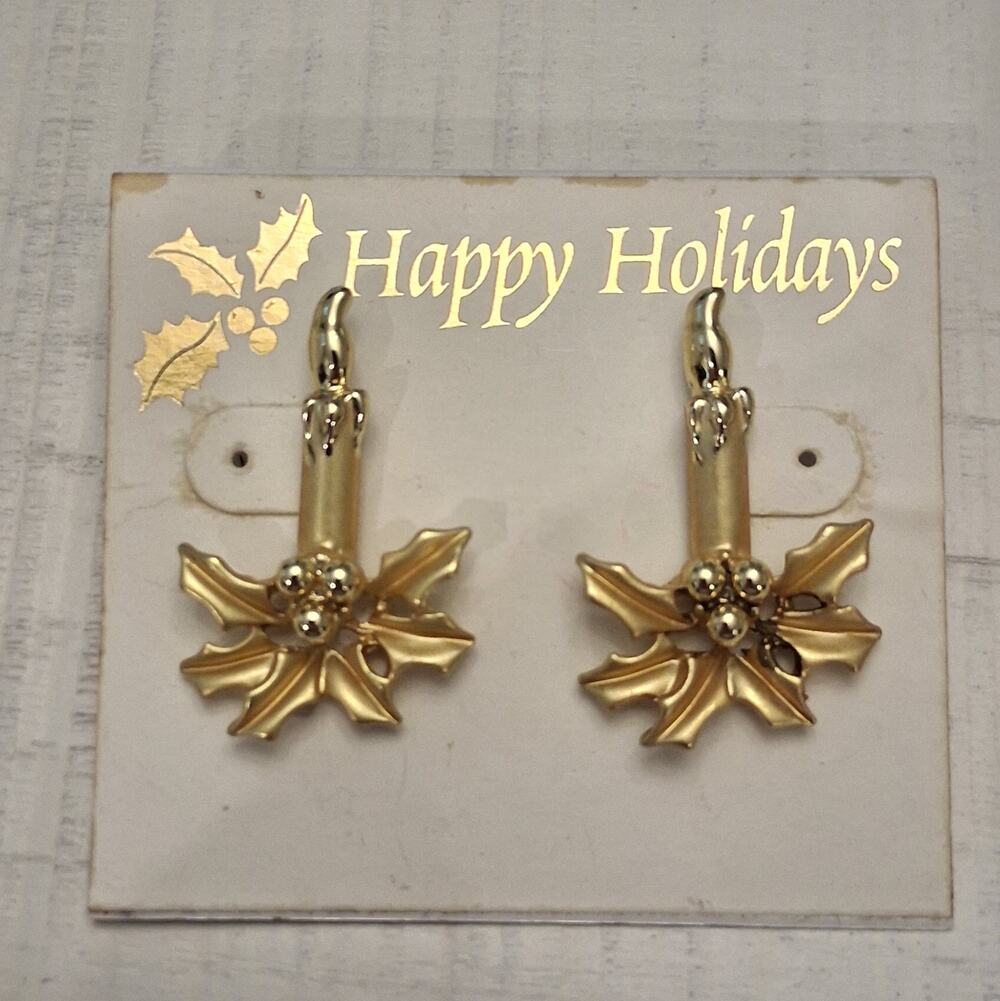 Vintage Gold Tone Candlestick Earrings with Holly Leaves and Berries Pierced